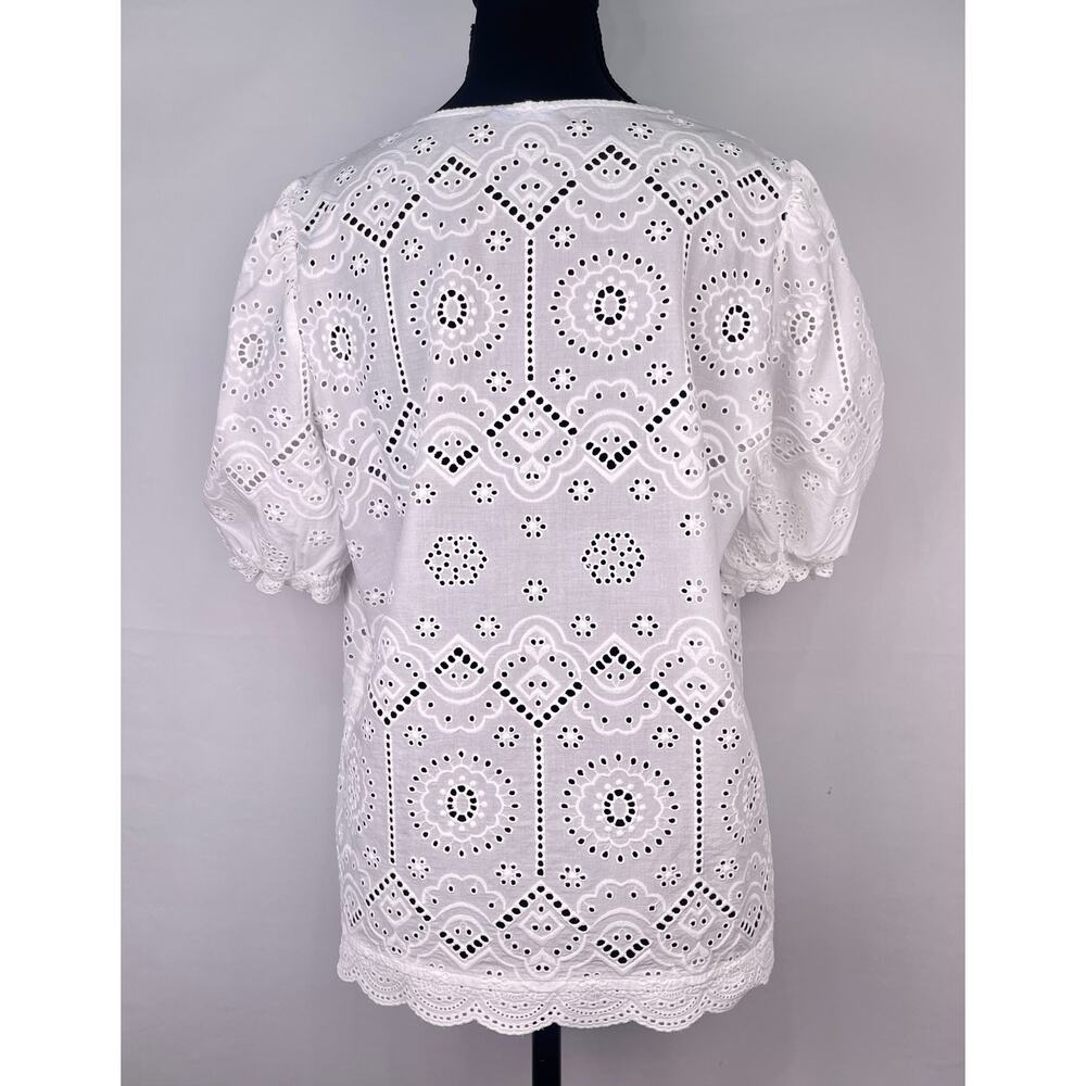 J. McLaughlin Jonie White Eyelet Cotton Blouse Split Neck Puff Sleeve Size L - Picture 3 of 10